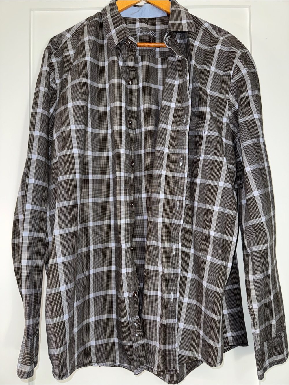 Tasso Elba Black & White w/ baby blue Plaid Button-Down Shirt Sz XXL 100% cotton